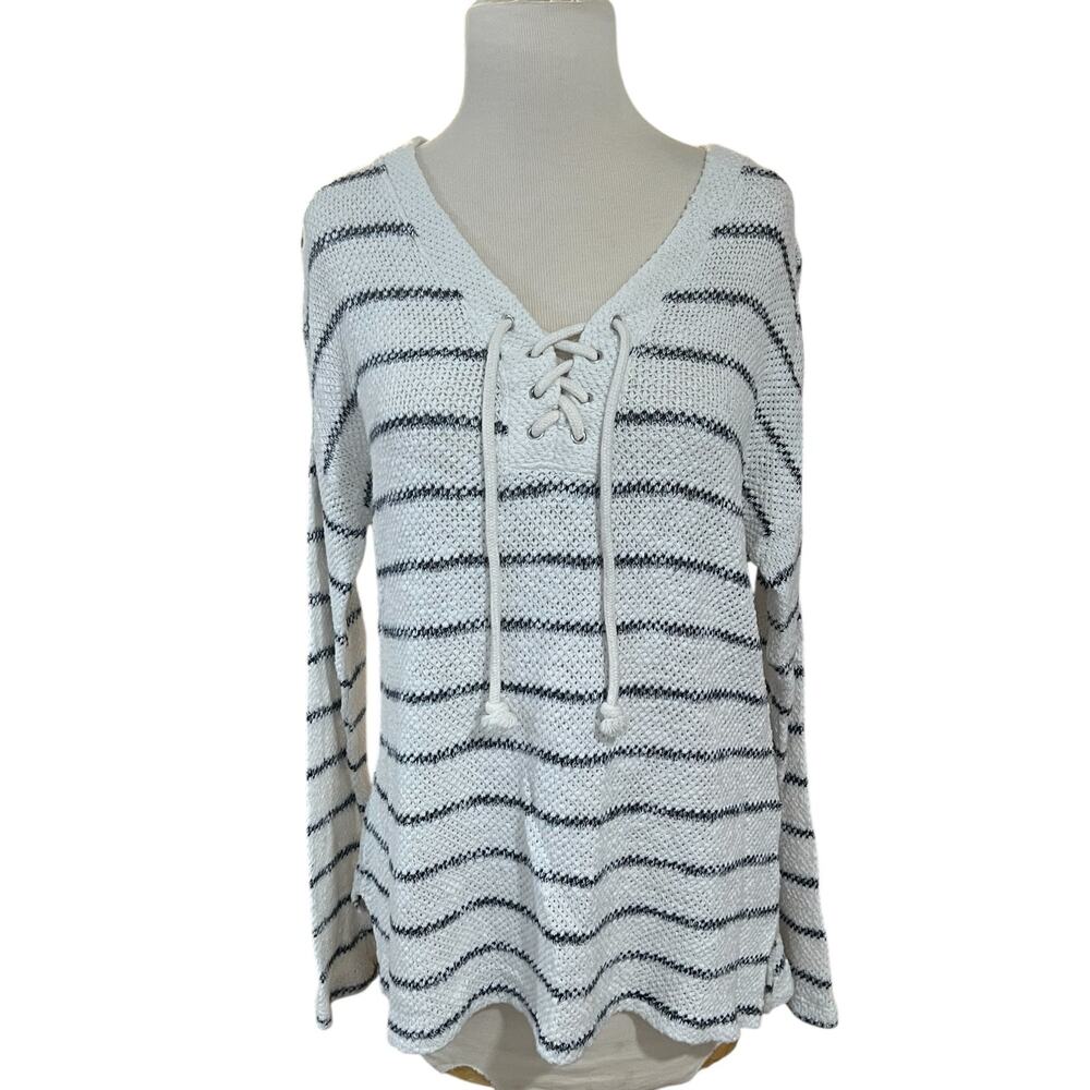 Sundry Womens Long Sleeves V-Neck Size 3 Sweatshirt Nautical Soft White Blue